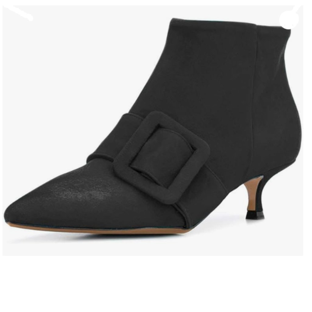 Xyd Black Low Heel Ankle Boots Pointed Toe Side Zip Buckle Strap Winter Shoes